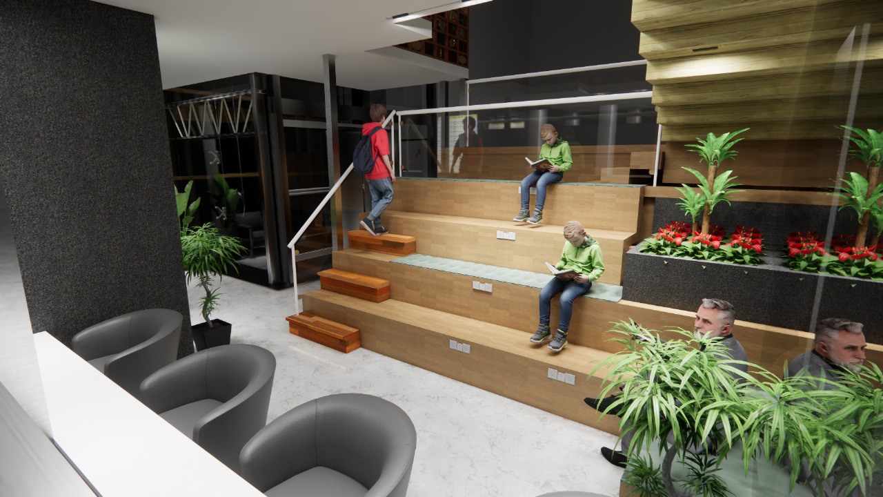 Overall view of the reading lounge with layered seating and shelving