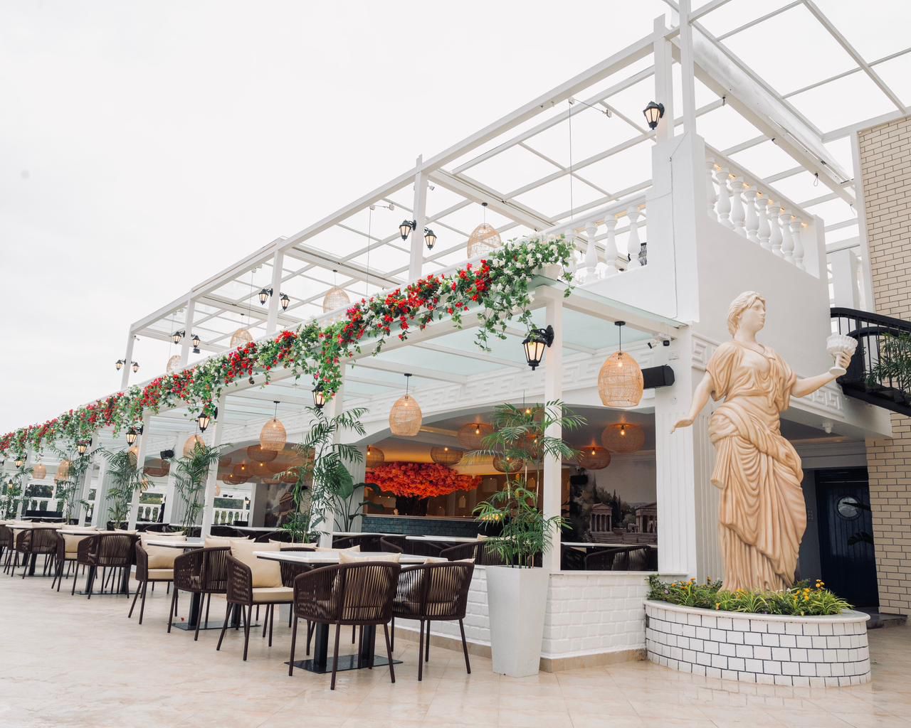 Main dining with whitewashed finishes and cobalt accents
