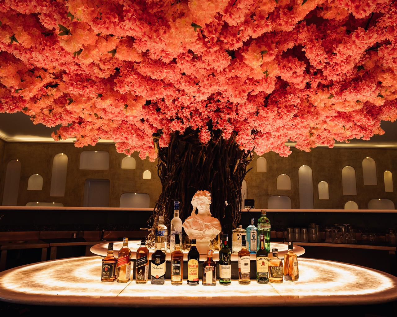 Custom banquette seating and sculptural furniture